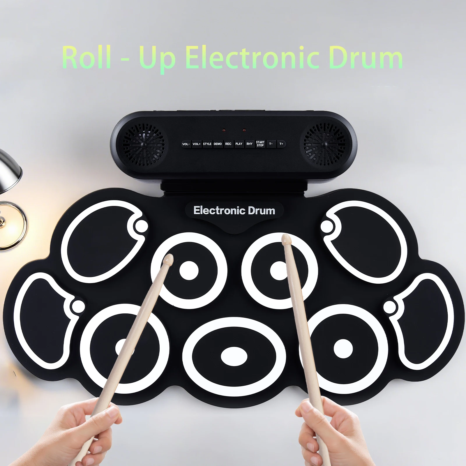 סט תוף אלקטרוני, סט תוף חשמלי עם 9 חלקים, עם חיבור לאוזניות, זמן השמעה של 10 שעות, רמקול מובנה