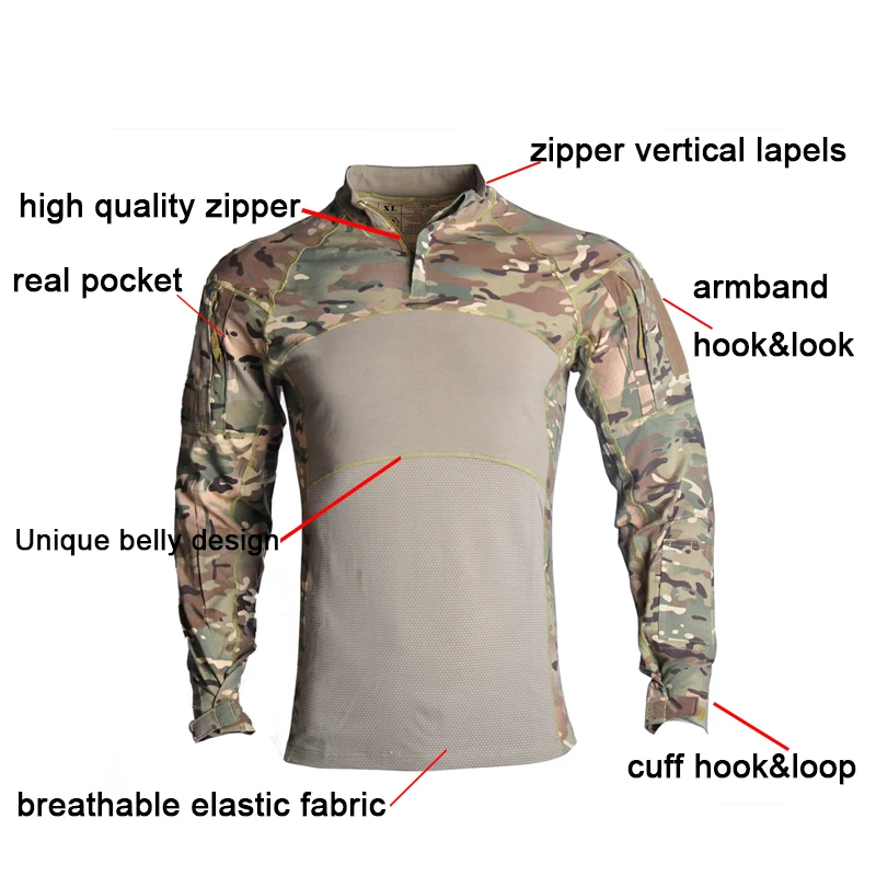 HAN WILD Men's Outdoor Hunting Tactical Shirts Half Zip Multi Pocket Shirts US Airsoft Camouflage Navy Gray Hunting T-shirt Man