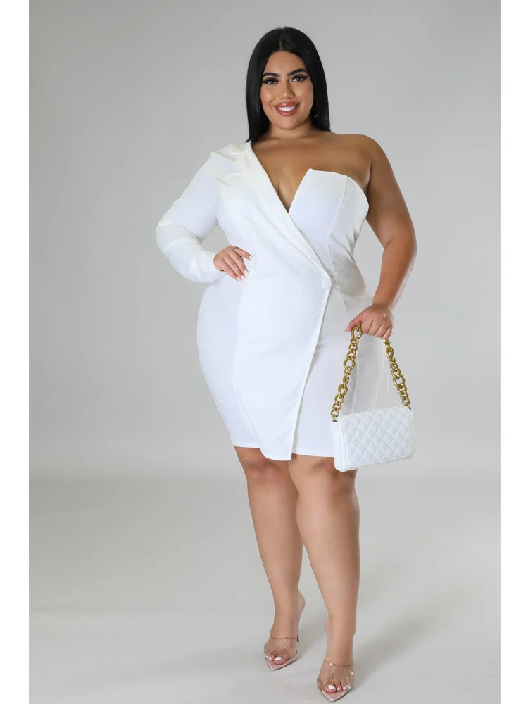 Wmstar Plus Size Dresses Women 2022 Single Long Sleeve V Neck Solid Sexy Mini Suit Dress Party Dresses Wholesale Dropshipping