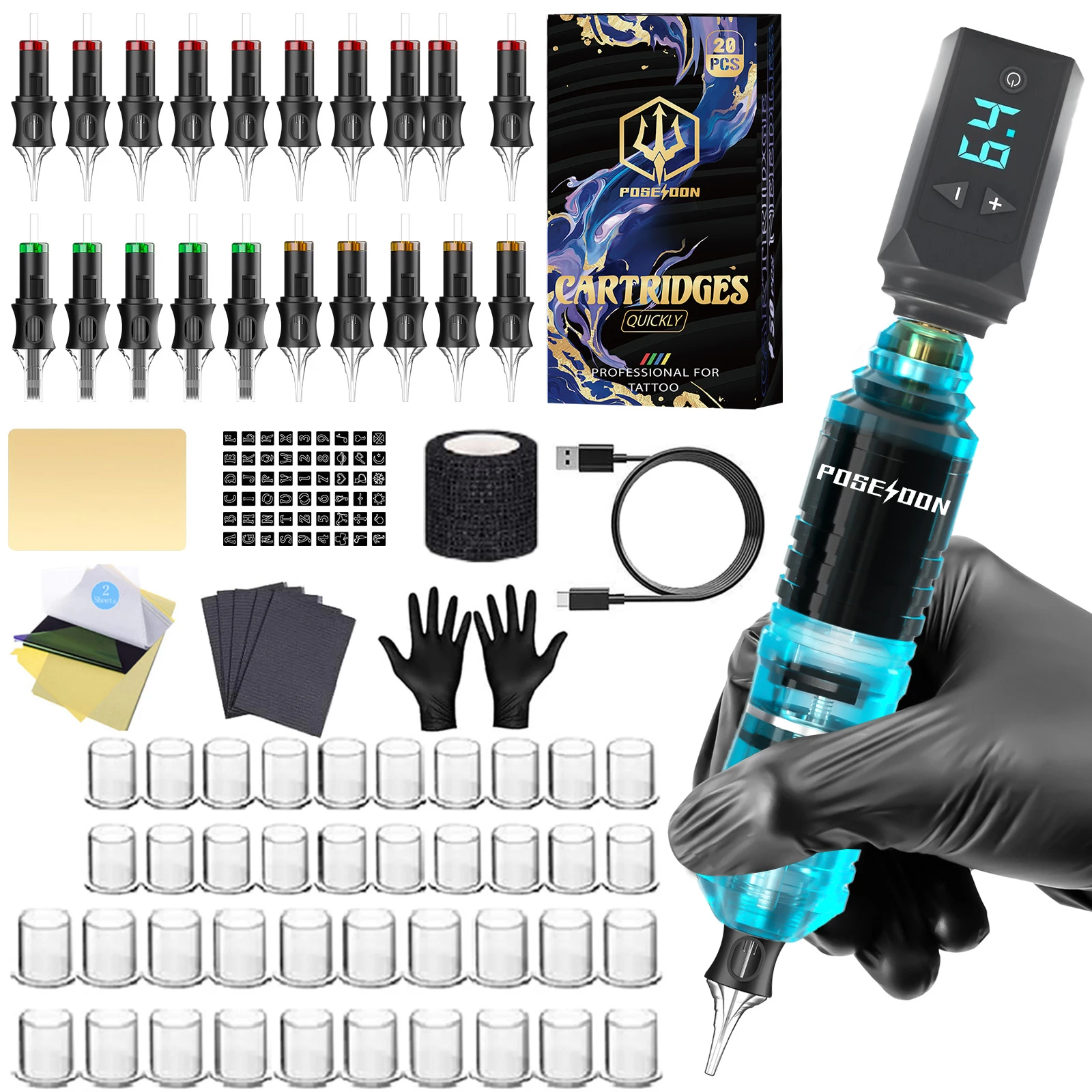 Tattoo Kit POSEIDON V5 High Power Tattoo Pen Kit For Permanent Makeup Machine Blue Power Supply Gun