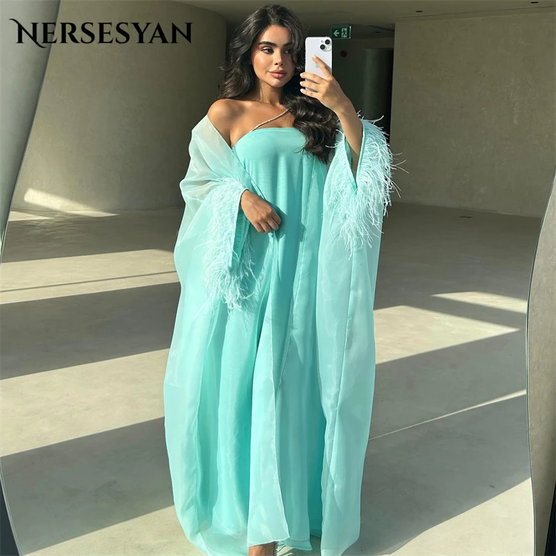 

Nersesyan Green Chiffon Evening Dresses Long Cape Feathers Strapless Party Gowns A Line Draped Saudi Arabia Vestidos De Fiesta