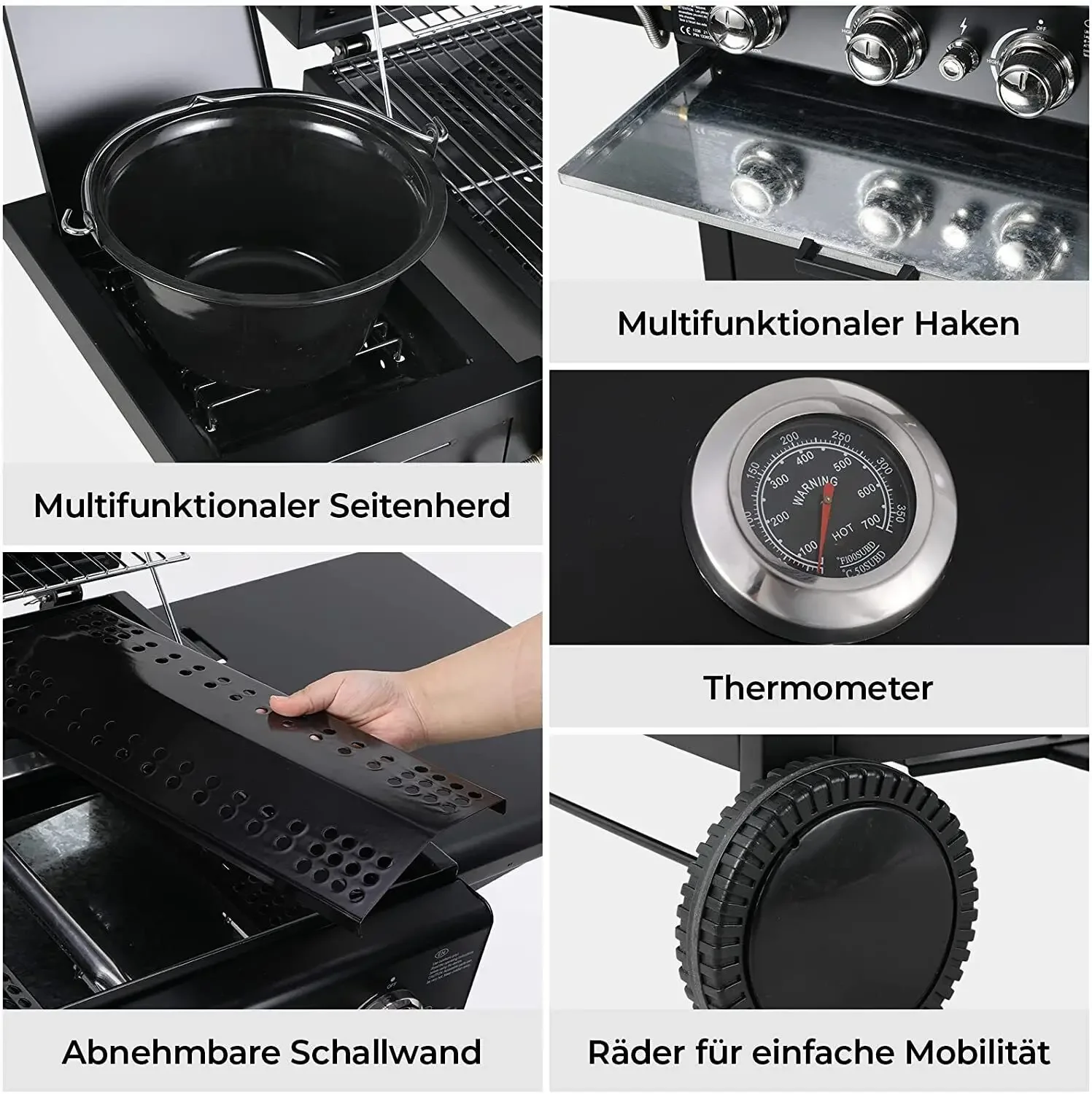 Gas-Grillwagen mit Piezo-Zündung & Thermometer für Gartenpartys