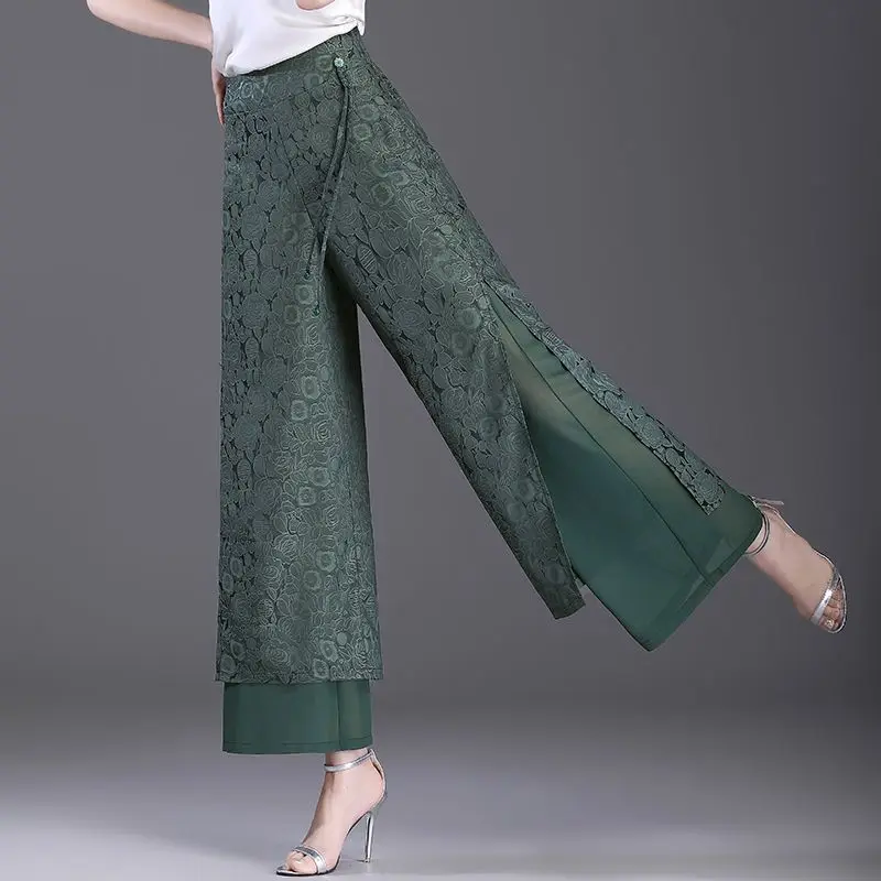 Fashion Elegant Simple High Waist Split Wide Leg Pants Women's Panelled Print Summer New Pockets Jacquard Straight Trousers 2024