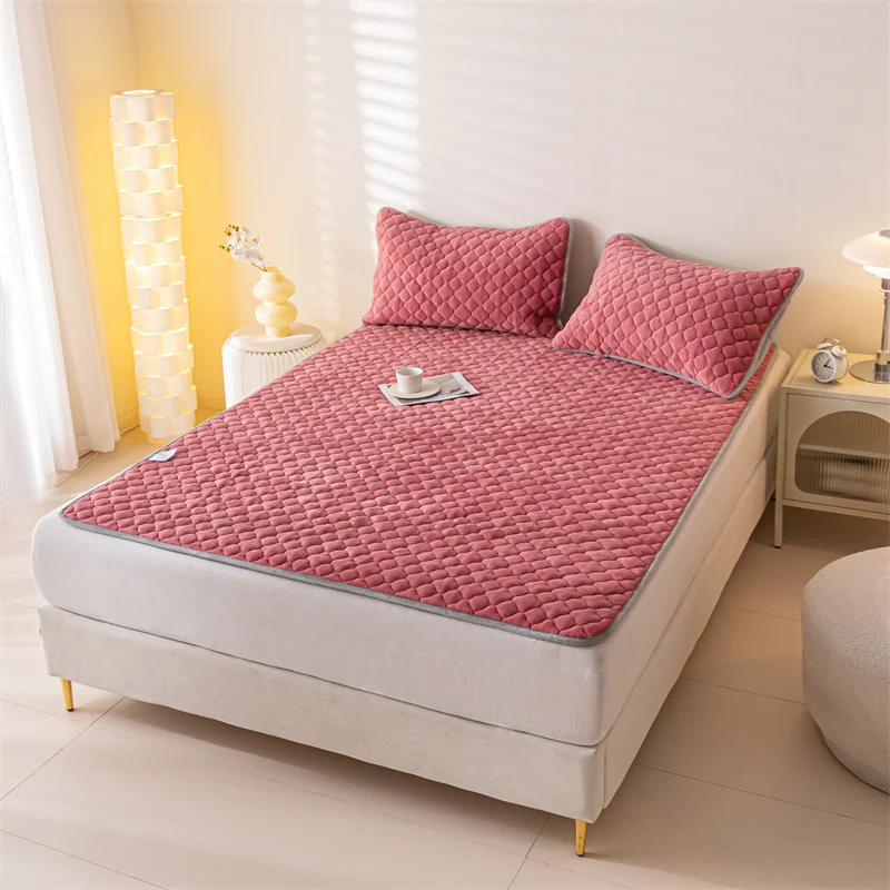 3 pieces milk fleece-padded mattress cover pillowcase soft comfortable warm bedding machine washable bedroom