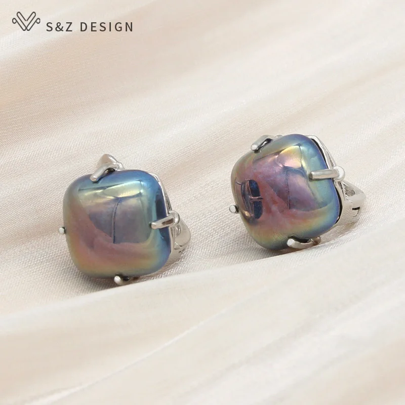 S&Z DESIGN New Fashion Elegant 585 Rose Gold Color Square Colorful Dangle Earrings For Women Girl Luxury Wedding Party Jewelry