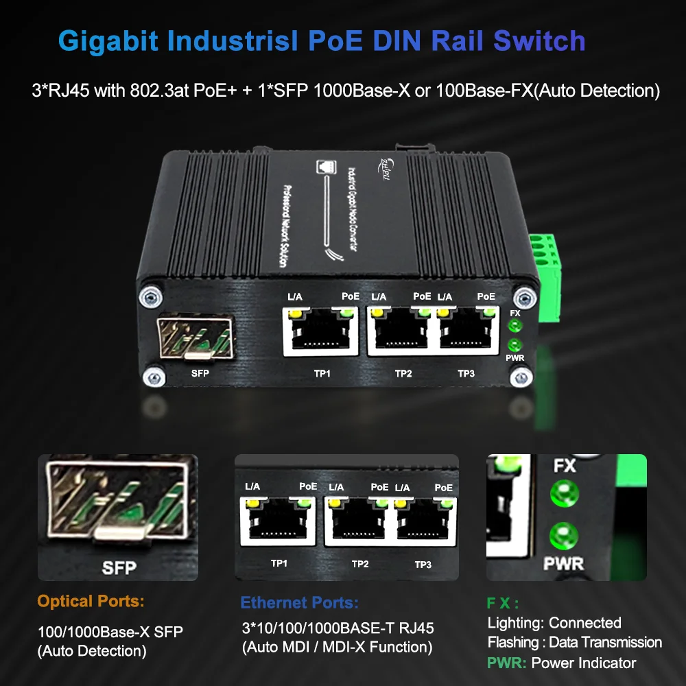 3 Ports Mini Industrial Gigabit Ethernet Switch 10/100/1000Mbps RJ45, 100/1000Base-X SFP Port Din Rail Network Switch