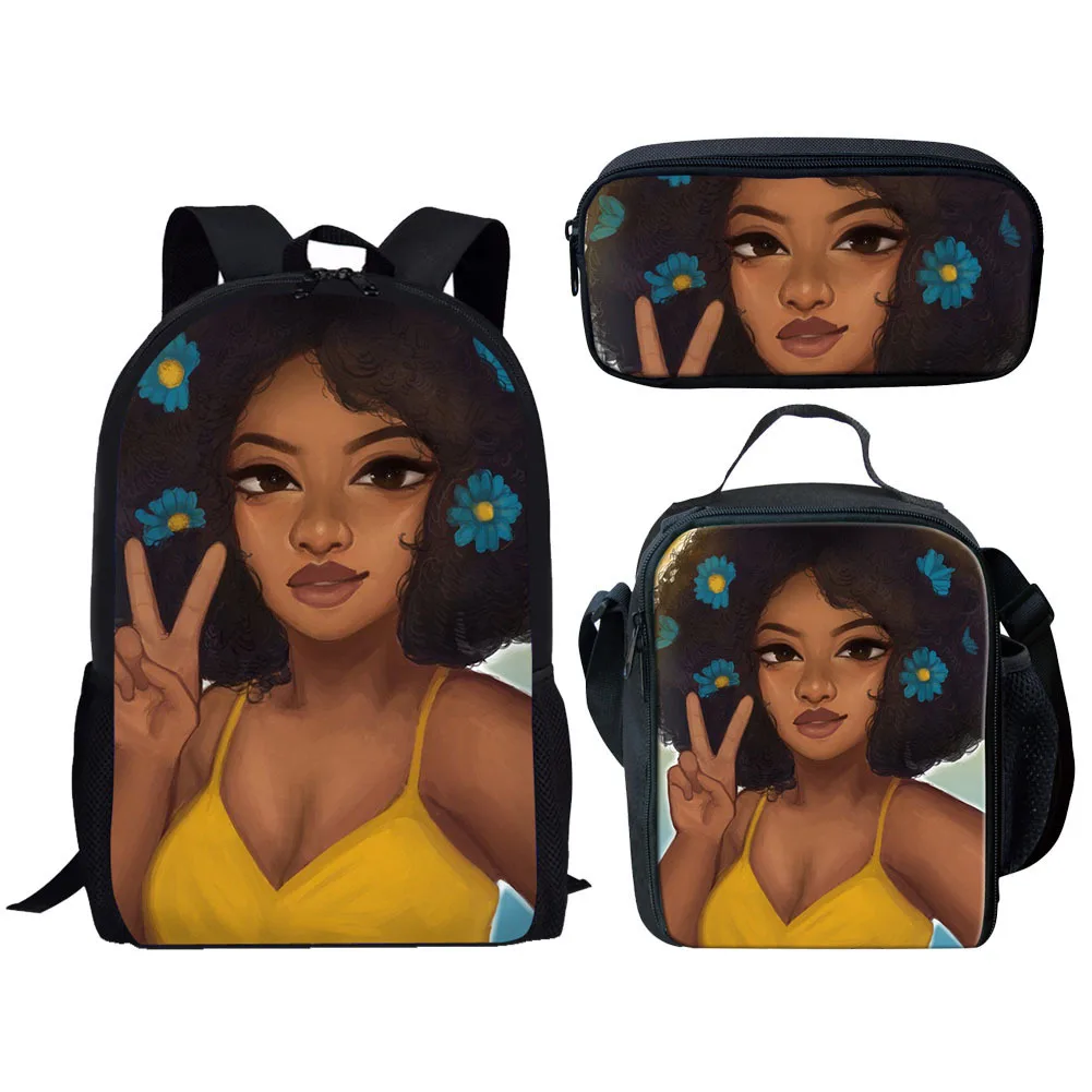 Popular Funny Pretty African Girls 3D Printed 3pcs/Set pupil School Bags Laptop Daypack Backpack Lunch bag Pencil Case