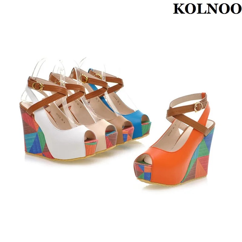 

Kolnoo New Style Handmade Ladies Wedges Heels Sandals Buckle Strap Sexy Platform Peep-toe Evening Party Prom Fashion Club Shoes