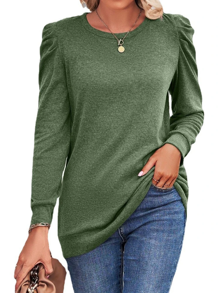 

Women Long Sleeve O-neck Pleated Solid T-shirt Tops