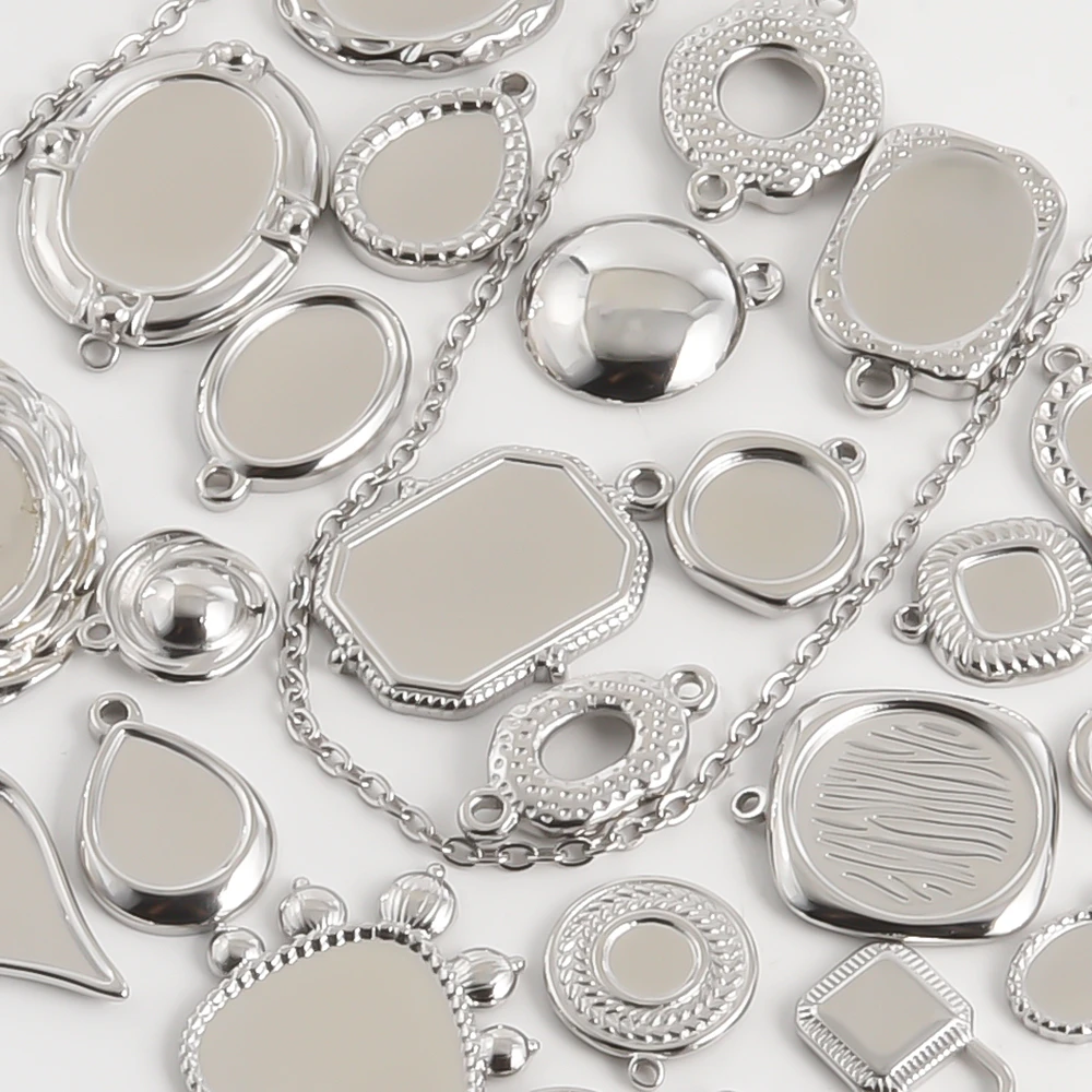 6 Stück kein Verblassen, oval, quadratisch, Herz-Charm, leeres Tablett, Basisfassungen, DIY-Schmuckherstellung, Zubehör, Edelstahl-Anhänger-Charm, Bulk