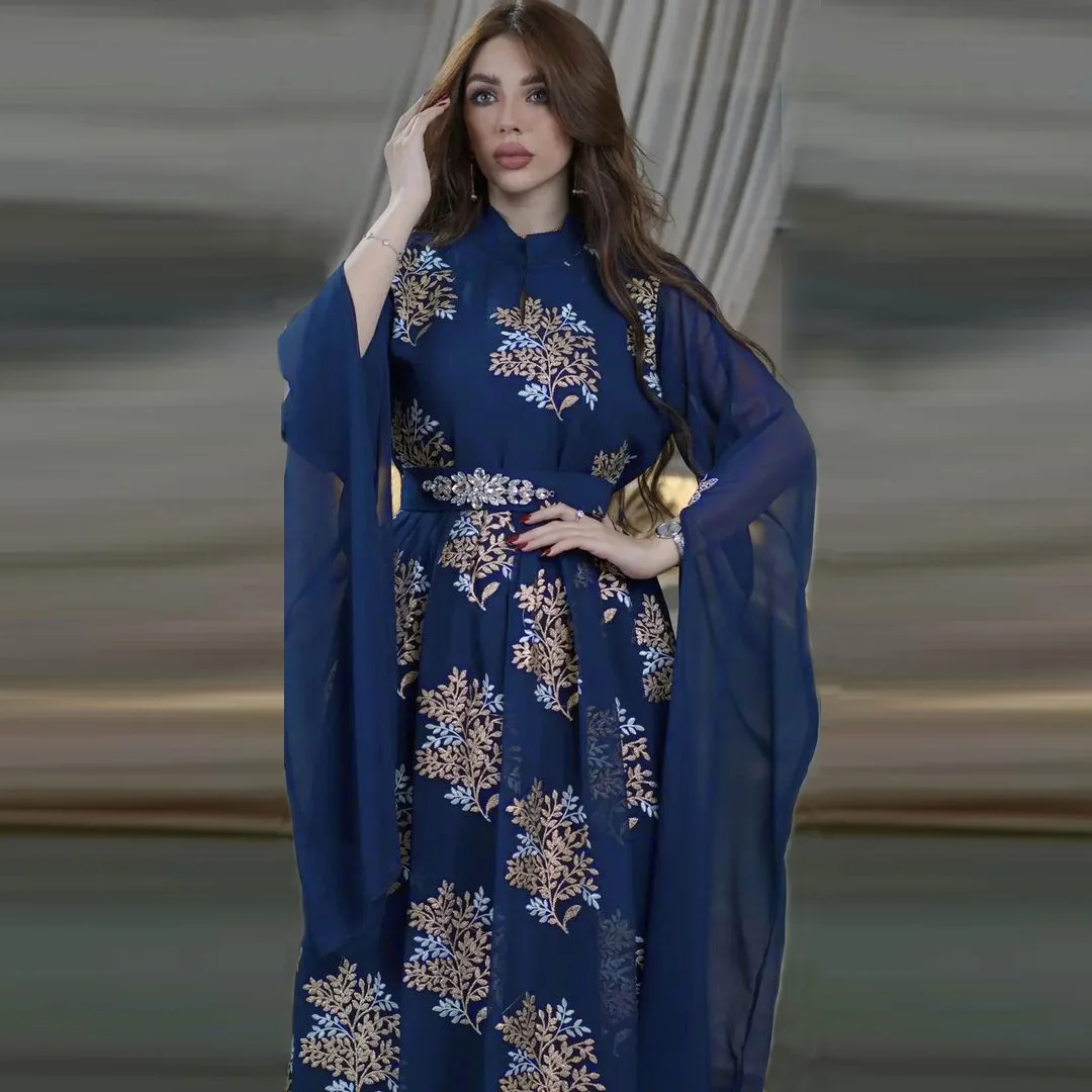 

Women's Evening Dresses 2024 Dubai Moroccan Jalabiya Gulf Abayas Blue Breathable Mesh Embroidered Rhinestones Belt Robe