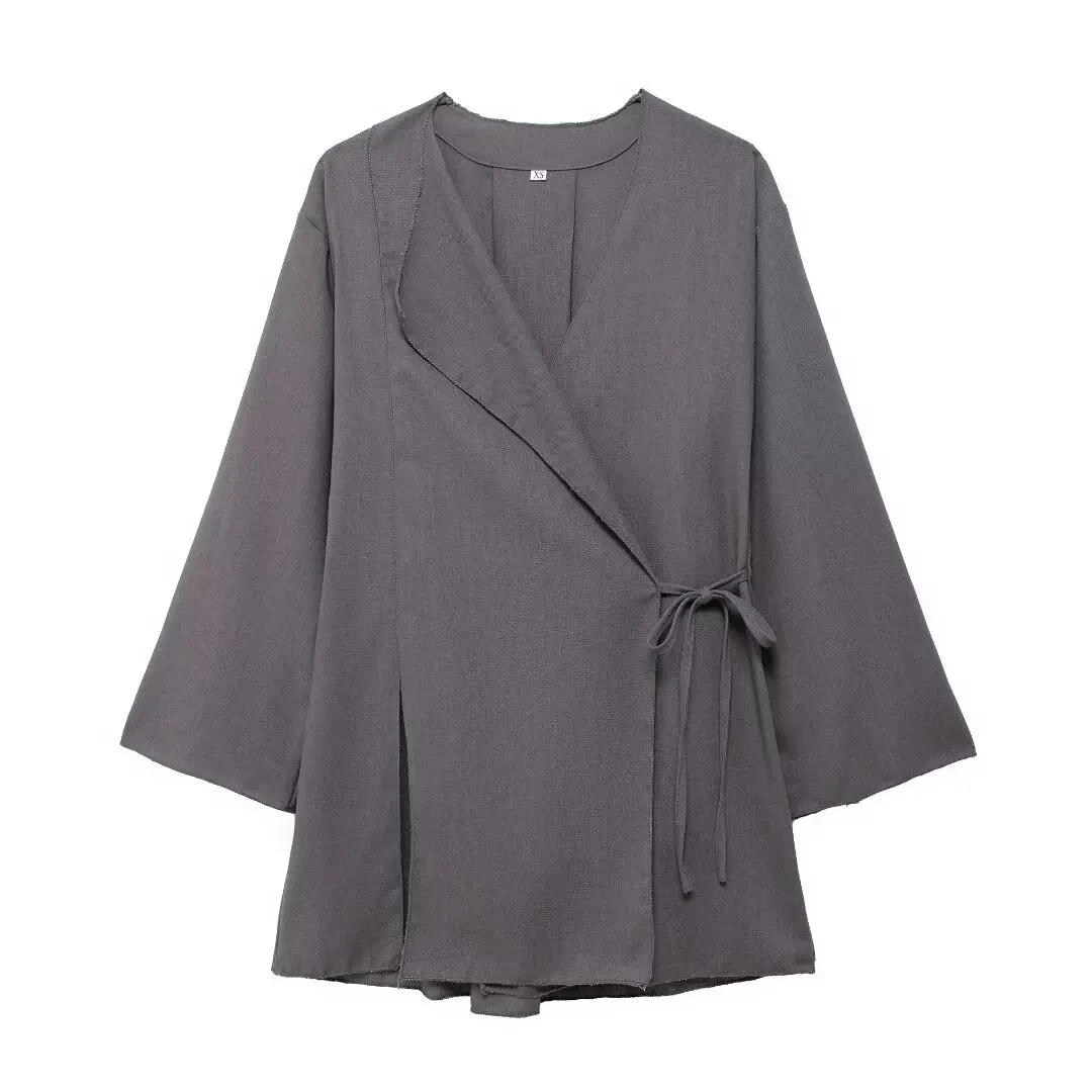 thumbnail image 1 of HH TRAF Trajes de verano para mujer en 3 colores, elegante chaqueta de manga larga con cuello en V y pantalón ancho con abertura y cintura elástica con cordones para mujer, 1 of 5