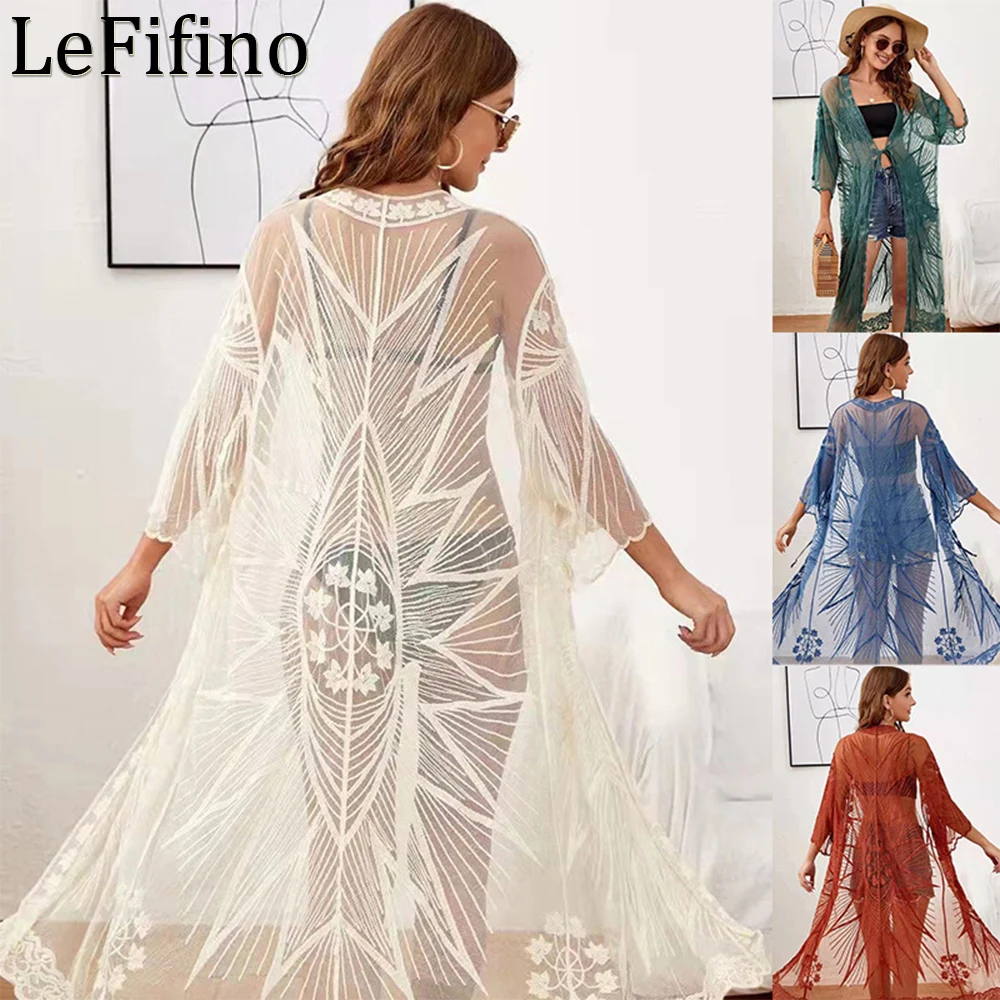 

Модный летний однотонный кардиган свободного покроя с кружевной вышивкой, с вырезами, солнцезащитные Пальто, купальники, бикини, накидка