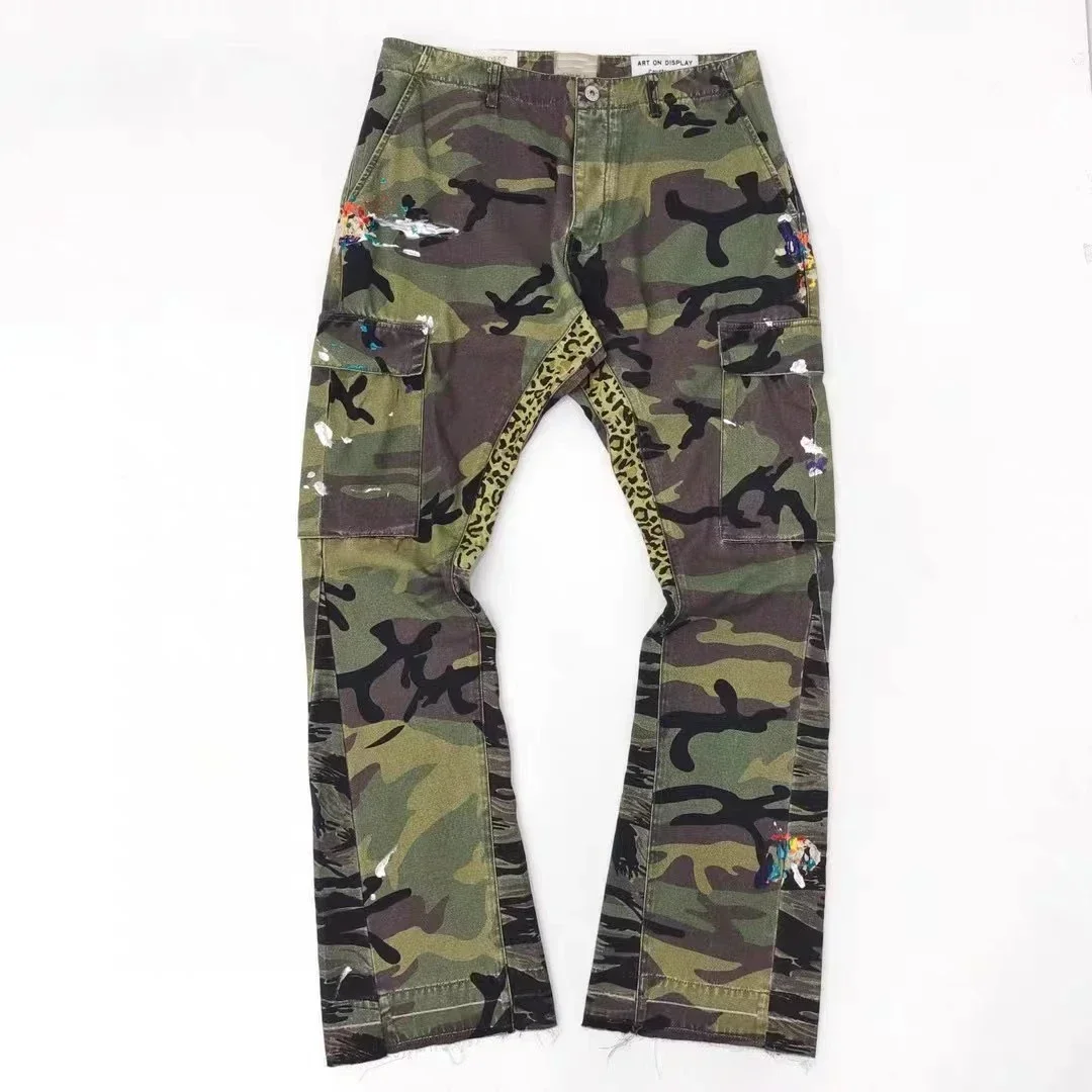 

24Fw GD High Quality Depts Green camouflage splashed ink patchwork flared overalls trousers spliced casual pants