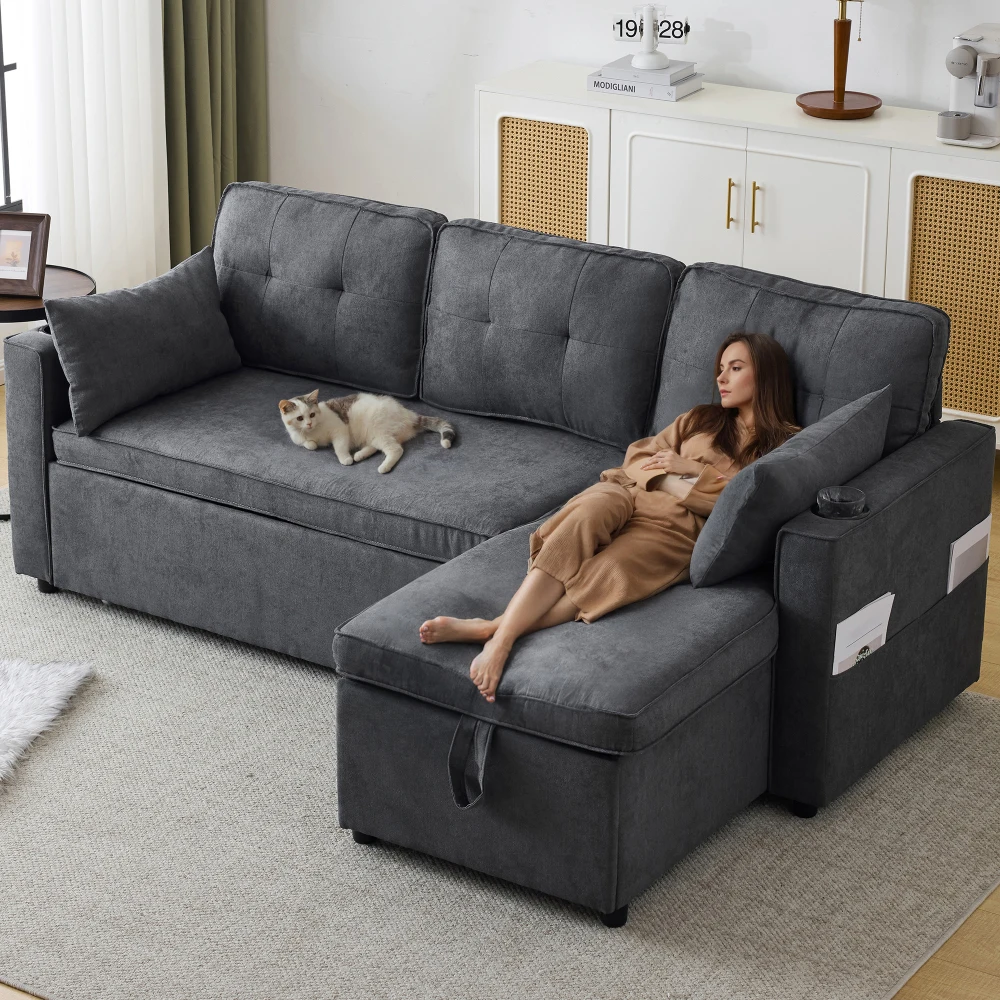 PINGGO L-förmiges Schlafsofa mit Schlaffunktion Modernes Design Gepolsterter Loungesessel mit Stauraum und Getränkehalter für Wohnzimmer – Detail 22