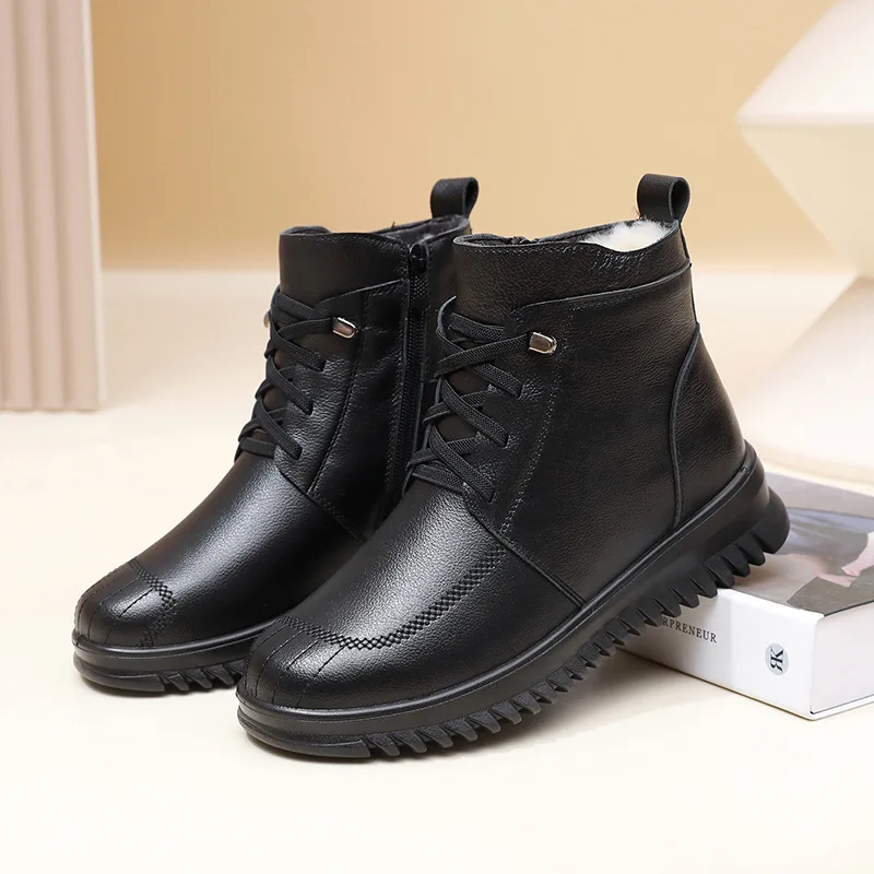 Women Boots Winter Fashion Lace Up Genuine Leather Ankle Boots