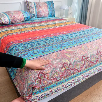1PC Bohemia Bed Sheet for Double Bed Single/Queen Fitted Bed Sheet with Elastic Band Reactive Printed Mattress Cover 180x200cm 1