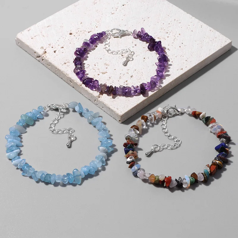 Feine Natur Stein Armband Unregelmäßigen Amethysten Aquamarin Kies Quarz Armbänder Kristall Chip Perlen Armband Frauen Männer Schmuck – Detail 6