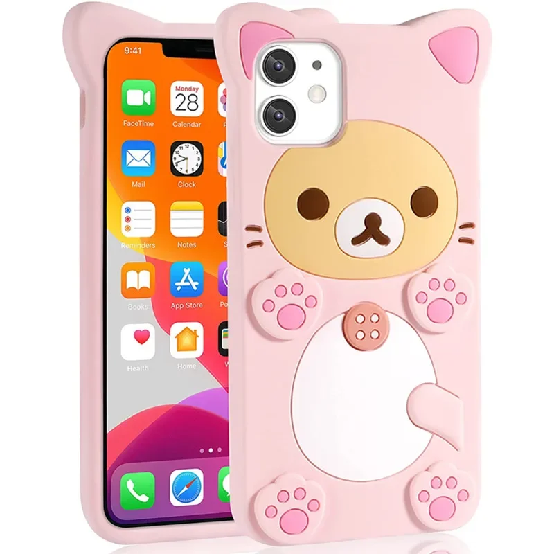 thumbnail image 1 of Funda de silicona suave con dibujos animados en 3D de oso rosa kawaii para iPhone 14, 13, 11, 15 Pro Max, 12 Mini, XS, XR, X, 8, 7 Plus, SE 2020, funda divertida, 1 of 4