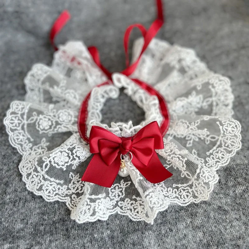 Title 6, Cute Lace Bowknot Pearl Bell Collar For Cat Dog...