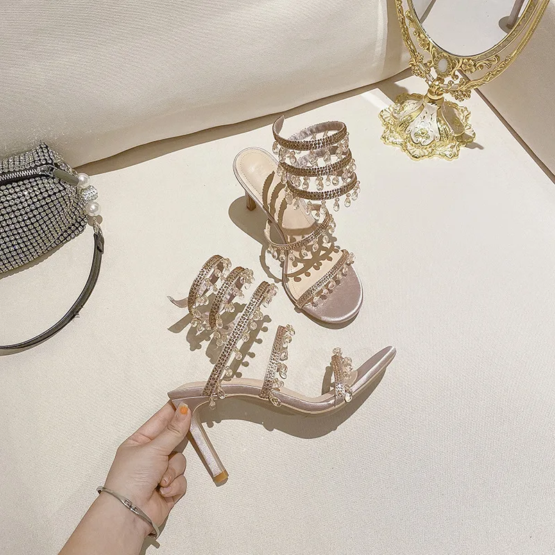 Women Sandals Crystal Wrap Summer Wedding Shoes High Heel Party Shoes Ankle Strappy Designer Stiletto Heel