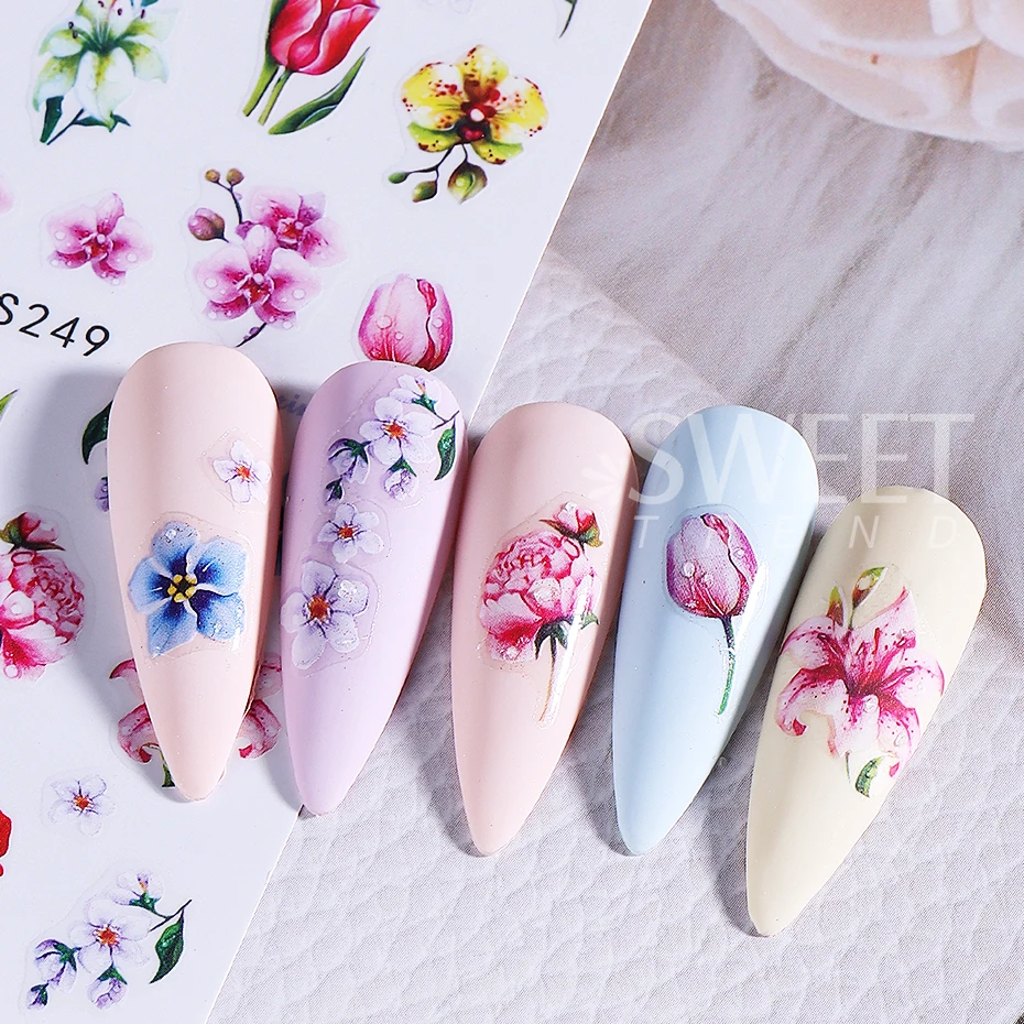 4pcs Flowers Nail Stickers Tulip Sakura Leaf Pink Florals Petal Design Elegant Adhesive Sliders DIY Spring Summer Manicure Decor