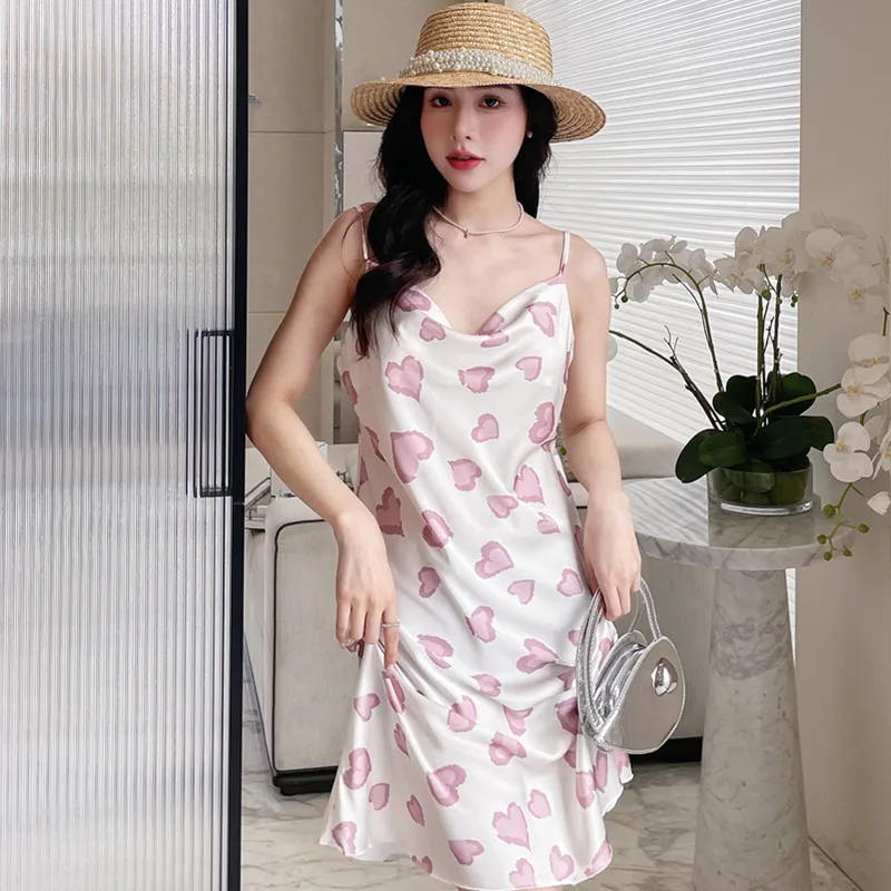 New Silk Home Clothes Woman Pjs Summer Sling Sexy Nightdress Satin Printed Night Women Sleepwear Girl Sleeveless Outerwear Dress