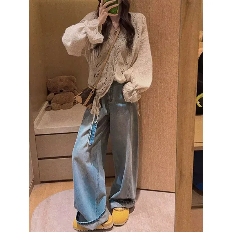 임산부를위한 봄 가을 긴 청바지 바지 바닥 길이 스트레이트 레그 와이드 레그 배꼽 지지대 없음 편안한 캐주얼 바지