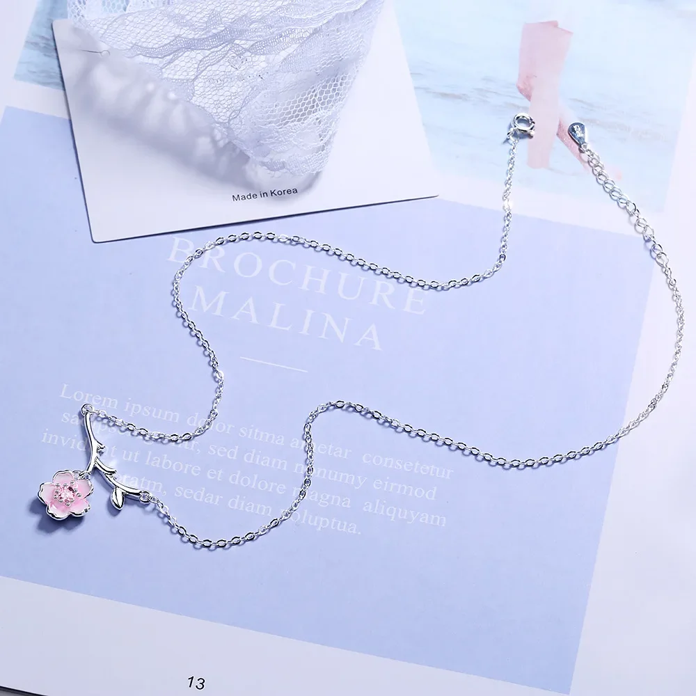 S925 Sterling Silver Women's Pink Cherry Blossom Branch Pendant Necklace (40cm+3.5cm) Luxury Jewelry