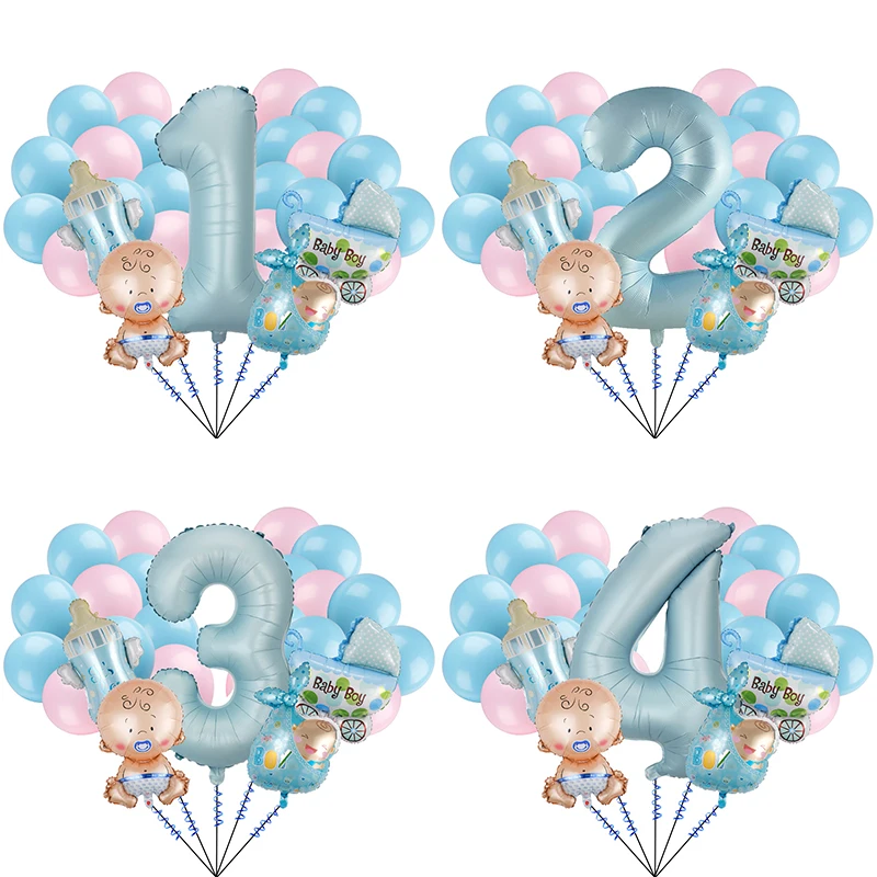 

6 Pcs Blue Baby Carriage Foil Balloon Set 32inch Number Balloons Gender Revealed Baby Shower Birthday Party Decorations Supplies