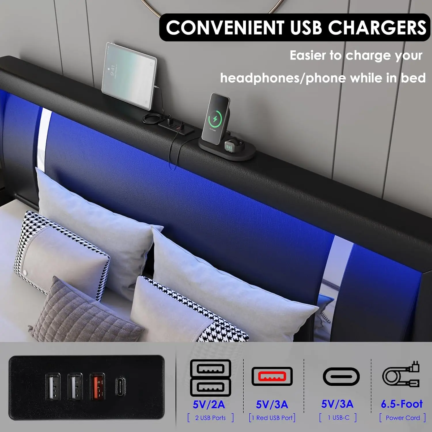 Description Picture 6 of itemQueen Bed Frame with RGB LED Lights Headboard & 2 Storage Drawers Modern Upholstered Faux Leather Platform Bed with Iron Metal