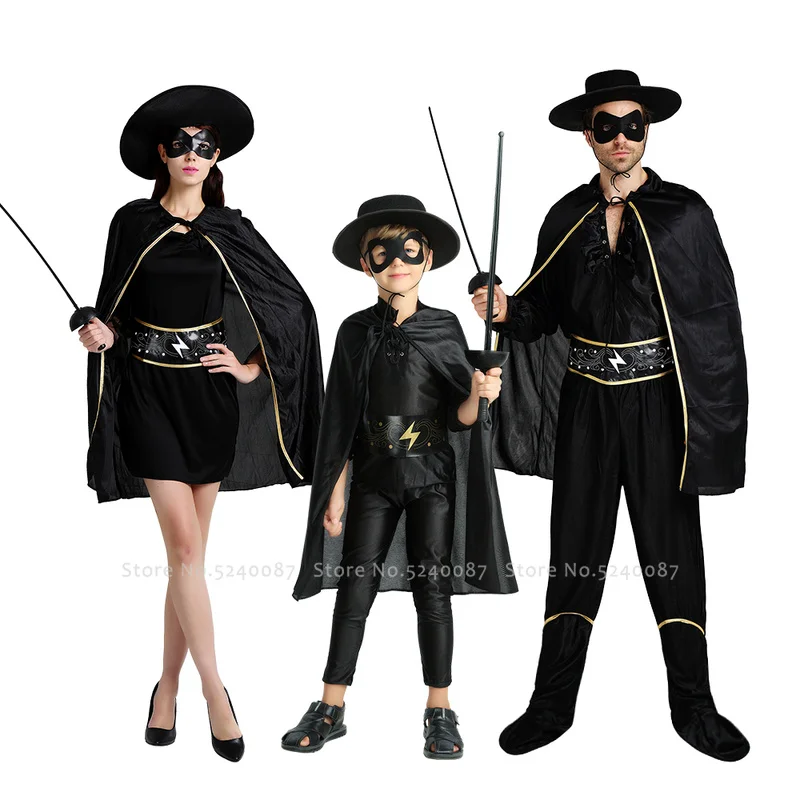 Masquerade Family Adult Kids Zorro Tops Pants Mask Hat Party