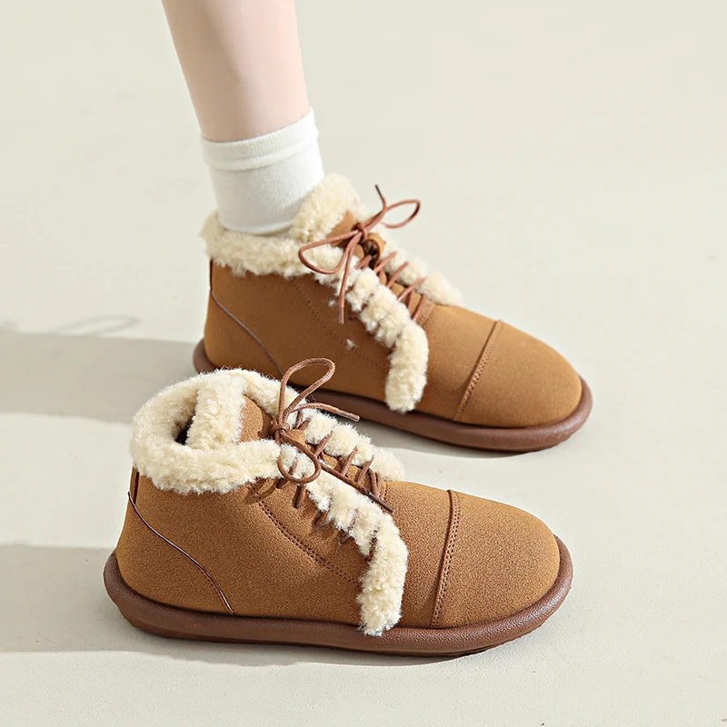 

Женские ботинки на шнуровке, теплые Нескользящие ботинки на плоской подошве, с круглым носком, Короткие Плюшевые ботинки для зимы, 2023