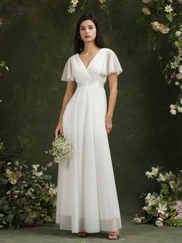 Simple Beach Ivory Wedding Dresses For Women A-Line Puffer Short Sleeve V-Neck Pleat Tulle Open Back Bridal Prom Gowns With Belt