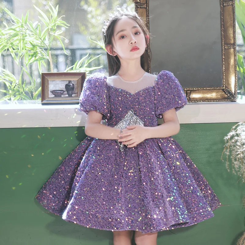 

Children Purple Dress Girls Party Evening Elegant Luxury Celebrity Formal Dresses Fluffy Sequin Tutu Ball Gown Birthday Vestidos
