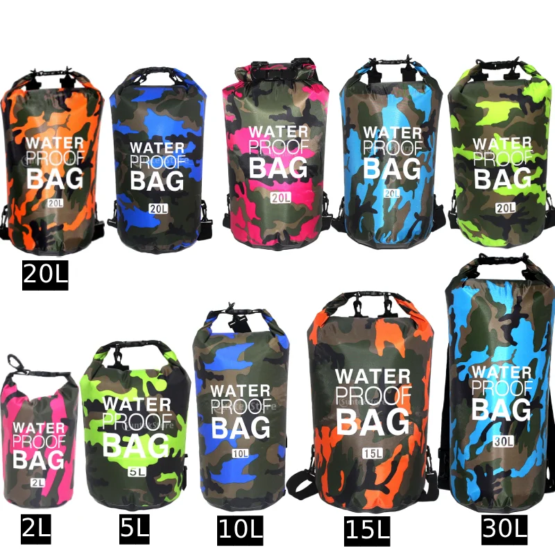 Bolsa de natación impermeable de 30l, saco seco de colores de camuflaje, almacenamiento para kayak, pesca, Rafting a la deriva, 2L, 5L, 10L, 15L, 20L