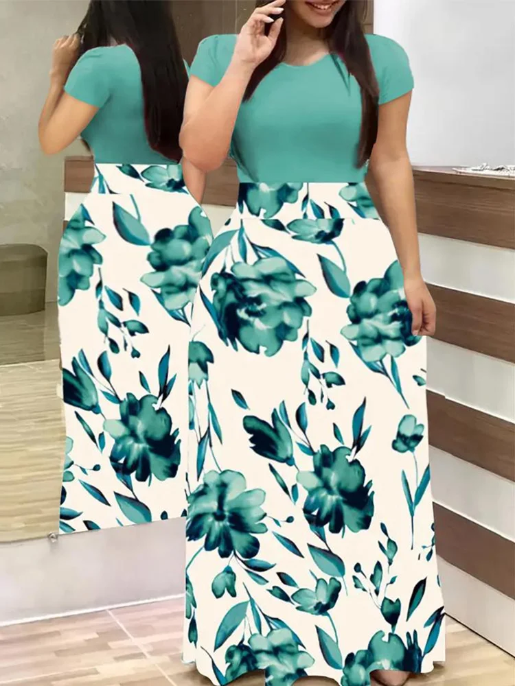 Plus Size Contrast Floral Print Round Neck Maxi Dress