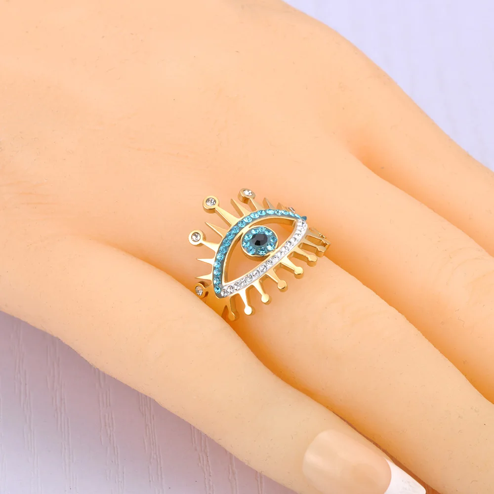 JeeMango Edelstahl-Ringe mit türkisfarbenem Zirkon und Teufelsauge für Damen, vergoldet, rostfrei, Fingerschmuck, Party-Geschenk, R26017 – Detail 10