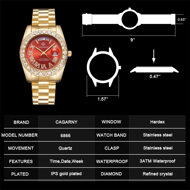 Zegarek Wodoodporny Meski Top Luxury Brand Cagarny Watch Men Role Iced Out Diamond Business Watches Man Gold Male Clock Women