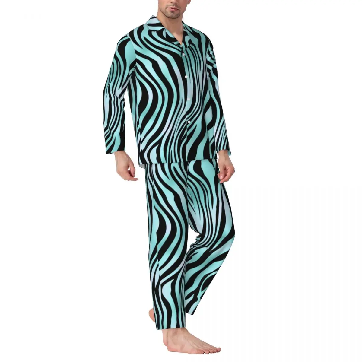 

Zebra Stripe Turquoise Teal Sleepwear Autumn Animal Print Vintage Oversized Pajama Sets Man Long Sleeve Sleep Graphic Nightwear