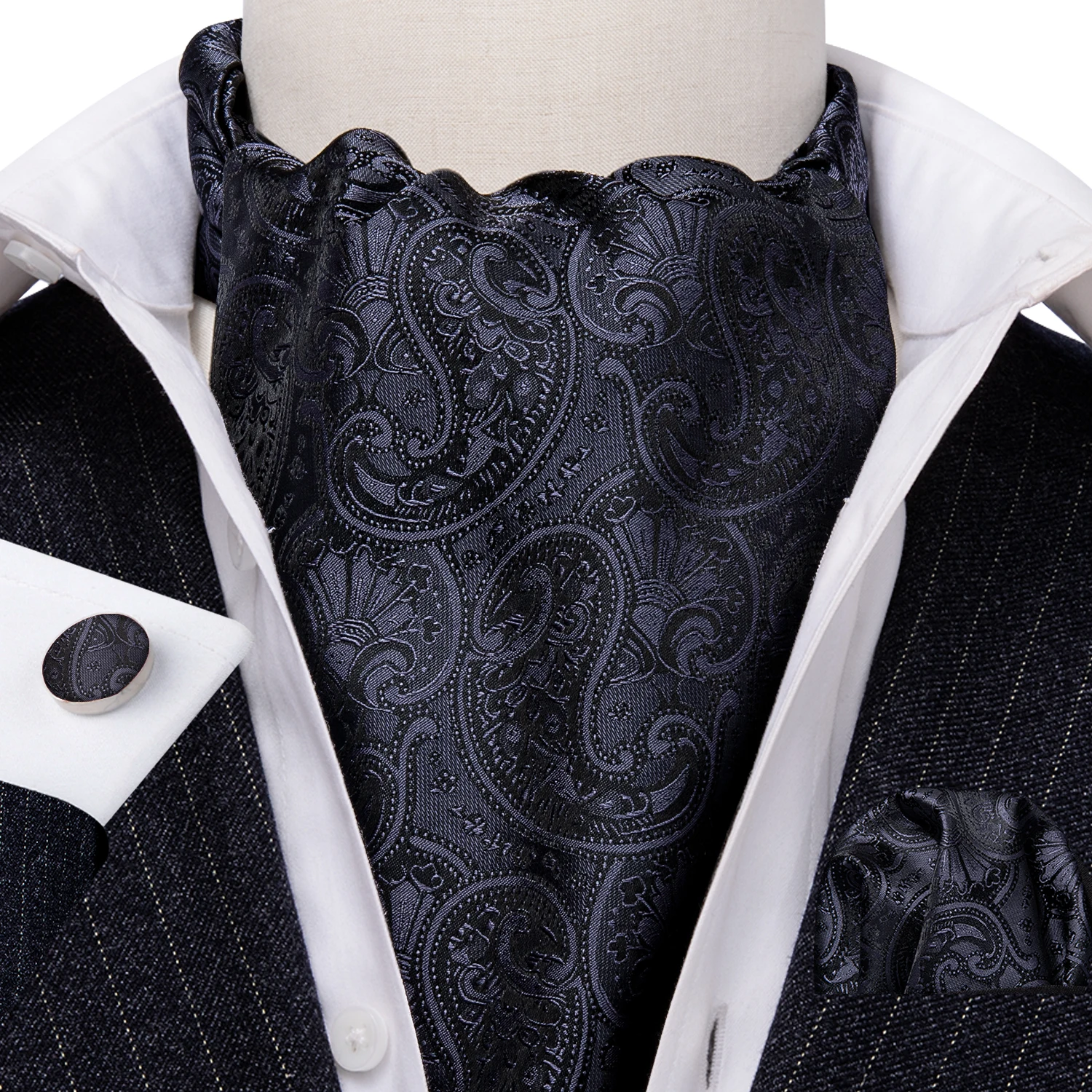 

Classic Silk Men Cravat Black Formal Woven Paisley Ascoat-Tie Handkerchief Cufflinks Set Gift Business Designer Barry.Wang AA-0