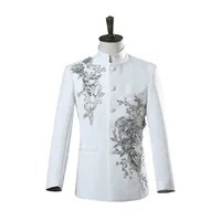 Chinese Tunic Men Mandarin Collar White Black Appliqued Blazer for Wedding Banquet Ceremony 1