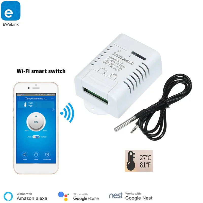 eWelinkAPP TH-16 Smart Wifi Switch 16A/3000W Monitoring Temperature Sensor  RF433 remote Control Compatible with Alexa Siri