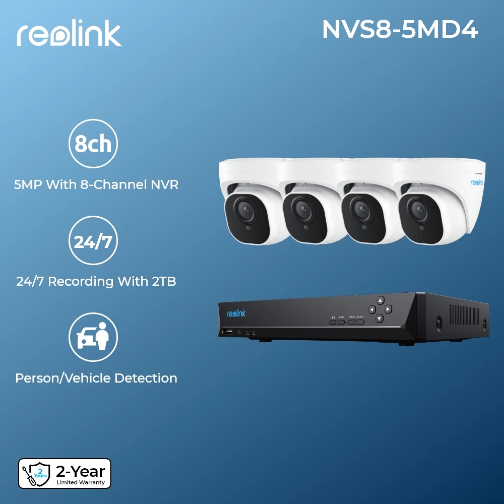 Sistema Di Telecamere Reolink 5Mp Rilevamento Auto Umana 8Ch Poe Nvr E 4 Telecamere Ip Poe Dome Kit Di Videosorveglianza Per Esterni Nvs8-5Md4 Ai