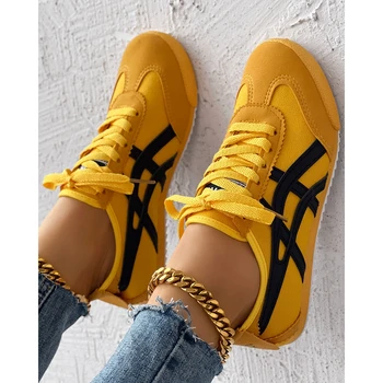 2026 Women Colorblock Eyelet Lace-up Sneakers Autumn Flats Yellow Sports Shoes Korean Style Spring Autumn Footwear drop shipping 1