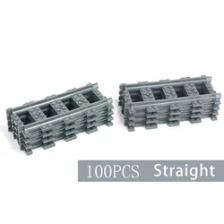 City Train Track Building Set - Straight & Curved Blocks with Switch Rail Crossing - DIY Toy Bricks Set (100pcs Straight)