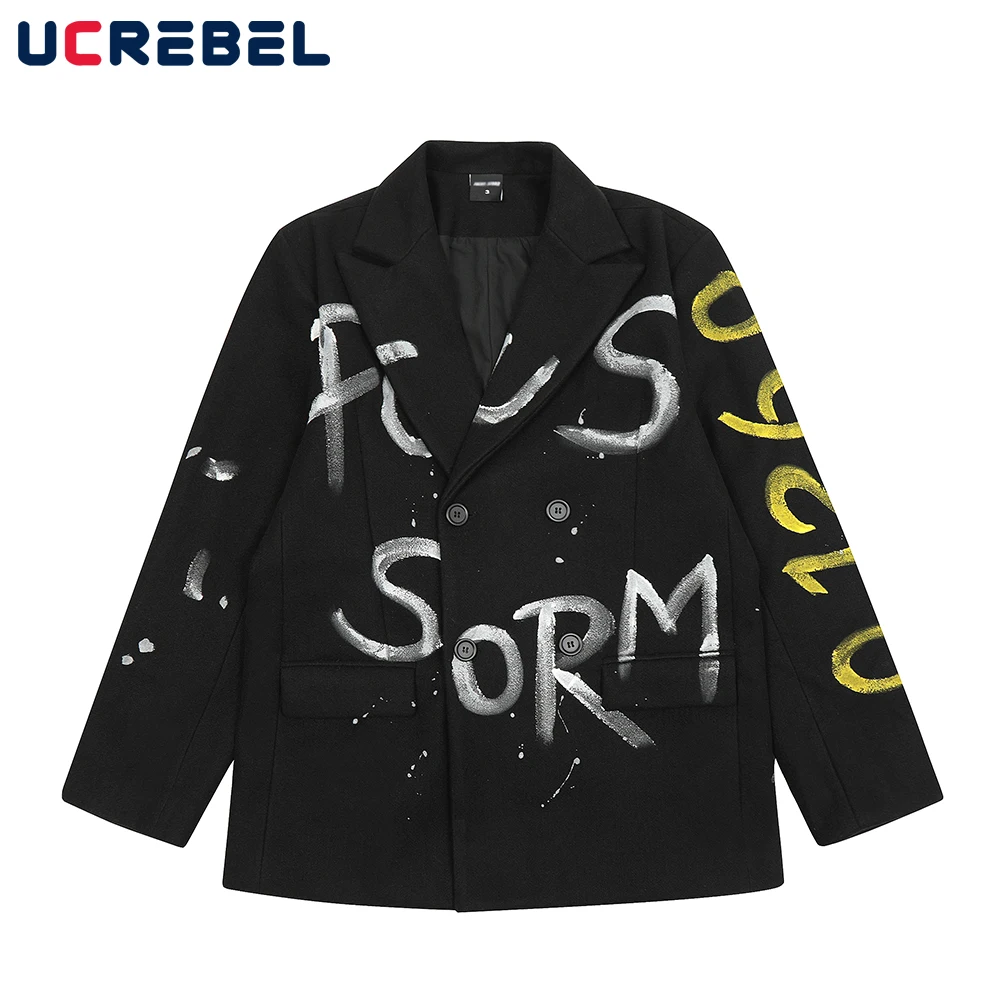 

Letter Spray Paint Long Sleeve Casual Jacket Mens Autumn Streetwear Loose Lapel Outerwear Men