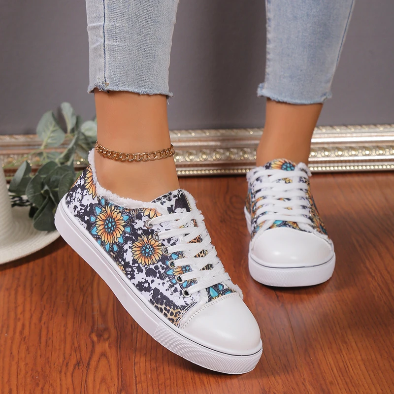 Fashion washed cloth shoes Casual fashion large size shoes printed flat lace-up women's shoes sunflower circle skull pattern