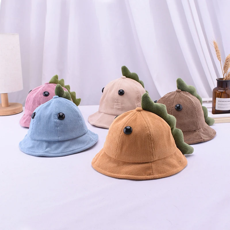 

Cartoon Dinosaur Baby Bucket Hat Autumn Winter New Corduroy Cute Warm Boy Girl Fisherman Hat Outdoor Travel Children Sun Cap