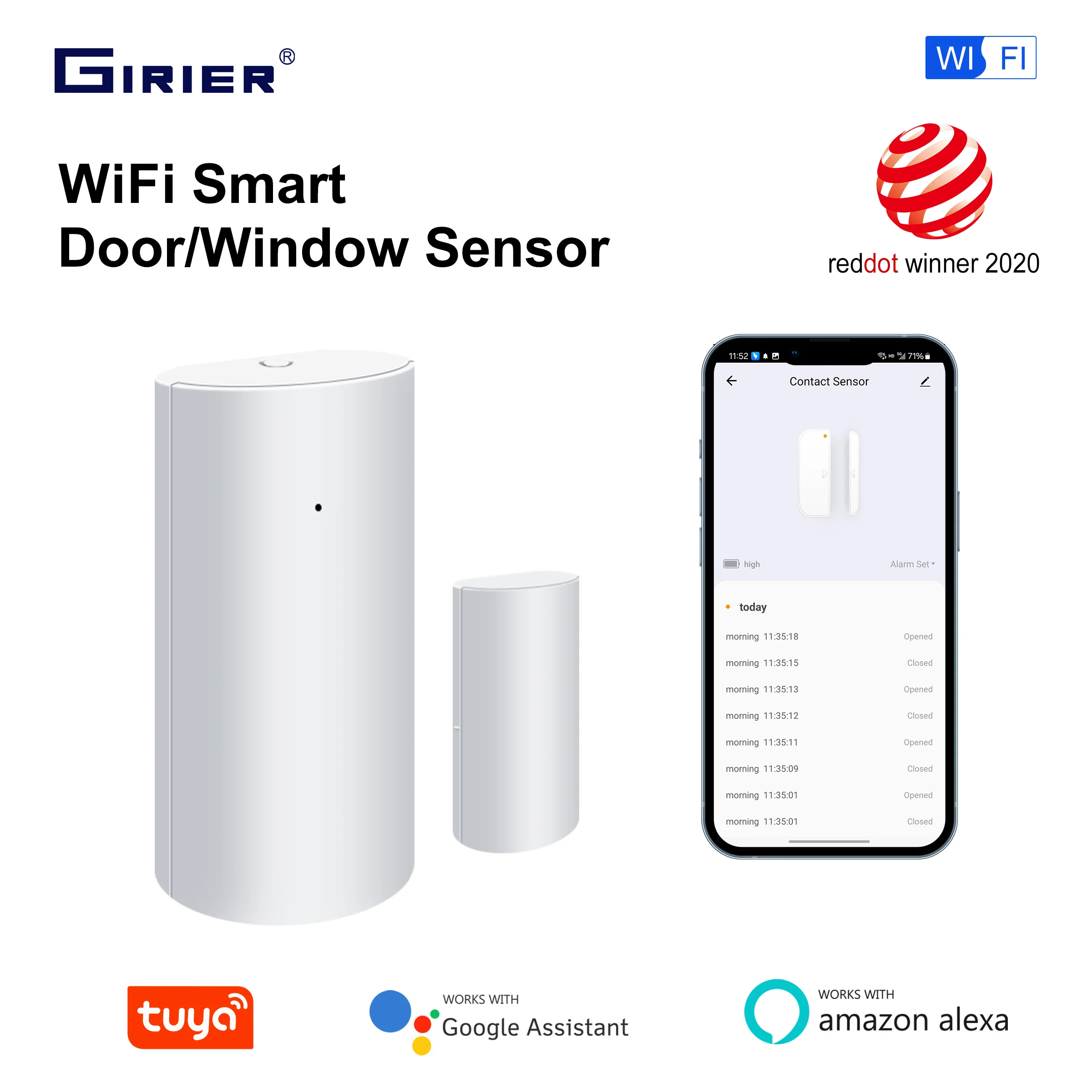 Умный дверной и оконный датчик GIRIER Tuya WiFi, беспроводной детектор контактов для домашней автоматизации и системы безопасности, концентратор не требуется